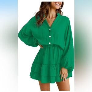 Amazon Green Mini Dress with 3/4 Sleeves and Mandarin Collar
